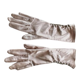 Pale pink satin gloves metallic side embroidery size 7 burlesque