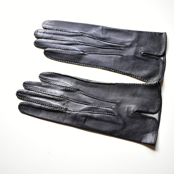 Black leather gloves new vintage 7.5 white stitching