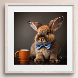 Bunny Rabbit with Coffee Mug and Blue Bowtie • Bunny Art Print • Bowtie • Nursery Wall Art • Bunny Lover Gift • Printable Digital Download