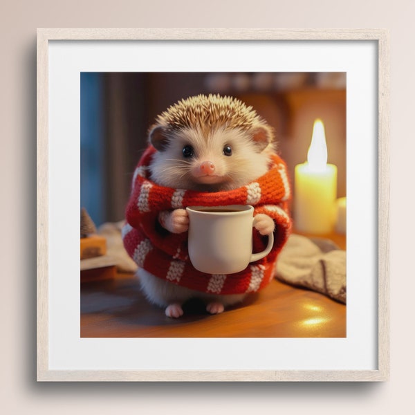 Baby Hedgehog with Coffee Mug and Scarf • Hedge hog Art Print • Beebo • Animal Art Poster • Hedgehog Lover Gift • Printable Digital Download