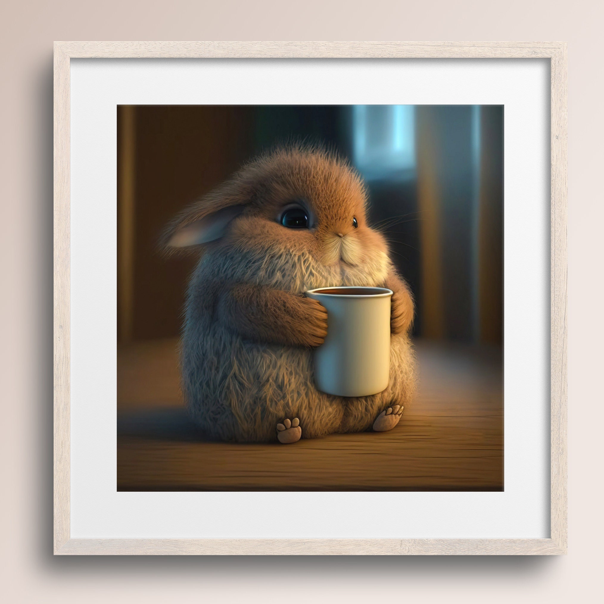Bunny Rabbit With Coffee Mug Bunny Art Print Caramel Nursery Wall Art Bunny  Lover Gift Printable Digital Download 