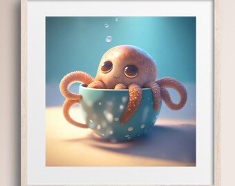 Impresión artística de taza de café con un adorable pulpo • Decoración infantil (descarga digital)