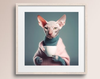 Hairless Sphynx Cat with Coffee Mug and Sweater • Cat Art Print • Vicky • Animal Art Poster • Cat Lover Gift • Printable Digital Download