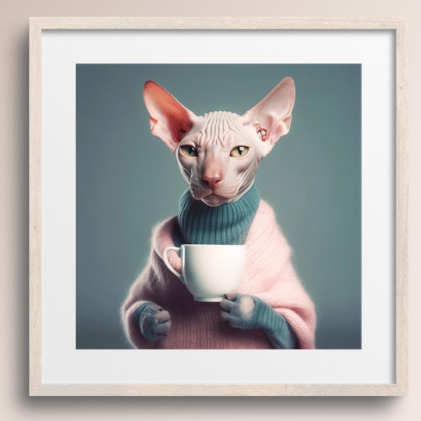 Hairless Sphynx Cat with Coffee Mug and Sweater • Cat Art Print • Vicky • Animal Art Poster • Cat Lover Gift • Printable Digital Download