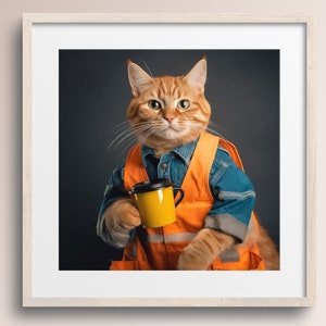 Adorable Cat with Coffee Mug and Orange Vest • Cat Art Print • Vinny • Animal Art Poster • Cat Lover Gift • Printable Digital Download