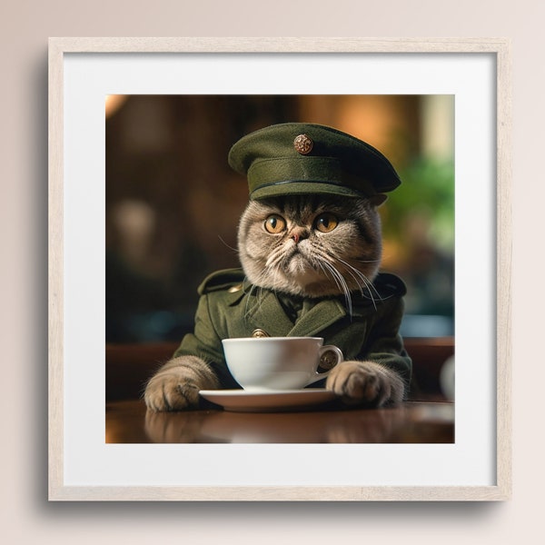 Military Cat with Coffee Mug • Cat Art Print • Corporal Kitty • Animal Art Poster • Cat Lover Gift • Printable Digital Download