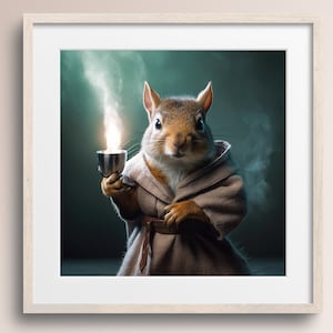 May include: A squirrel wearing a brown robe holds a silver cup with a lit flame and smoke rising from it. The background is a dark green.