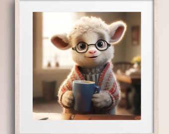 Lamb with Coffee Mug, Sweater & Glasses • Lamb Art Print • Fleece • Animal Art Poster • Lamb lover gift • Printable Digital Download