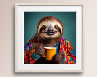 ナマケモノのアートプリント・コーヒーマグ、カーディガンの動物ポスター（デジタルダウンロード）