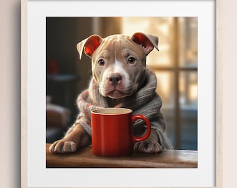 May include: A brown and white pit bull puppy wearing a gray knitted scarf holds a red mug with a brown liquid inside. The puppy is sitting on a wooden surface.