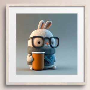 Bunny Rabbit with Coffee Mug • Bunny Art Print • Izzy • Nursery Wall Art • Bunny Lover Gift • Printable Digital Download