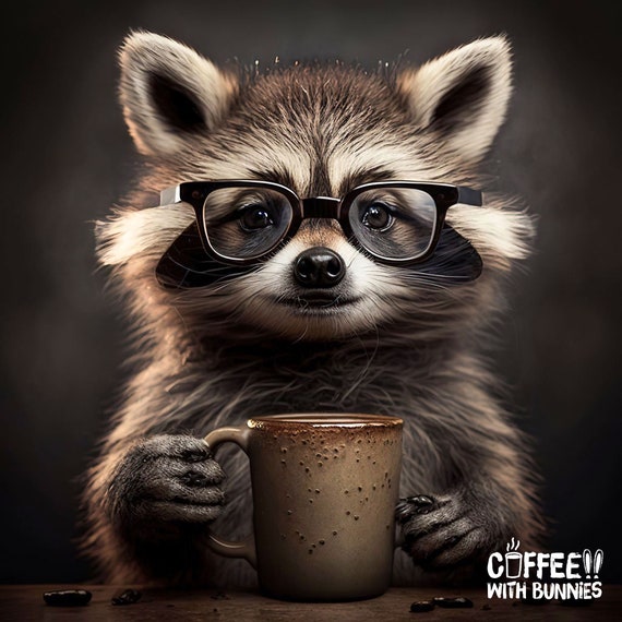 Raccoon Coffee Art Print • Animal With Glasses (digital Download