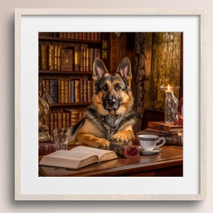 German Shepherd with Coffee Mug in a Library • Dog Art Print • Baxter • Dog Lover Gift • Book Lover • Printable Digital Download