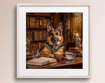 German Shepherd Coffee Mug Art Print • Book Lover Gift (Digital Download)