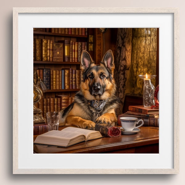 Berger allemand avec tasse à café dans une bibliothèque • Impression d'art chien • Baxter • Cadeau pour amoureux des chiens • Amoureux des livres • Imprimable en téléchargement numérique