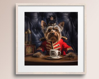 Adorable Military Yorkshire Terrier with Coffee • Dog Art Print • Teddy • Animal Art Poster • Dog Lover Gift • Printable Digital Download