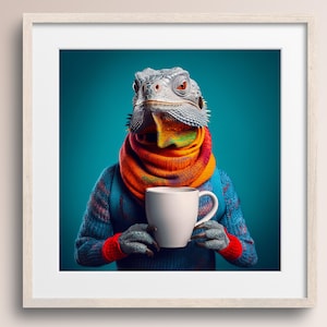 Iguana Lizard with Coffee Mug • Iguana Art Print • Nursery Wall Art • Iguana Lover Gift • Printable Digital Download