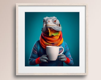 Iguana Lizard with Coffee Mug • Iguana Art Print • Nursery Wall Art • Iguana Lover Gift • Printable Digital Download