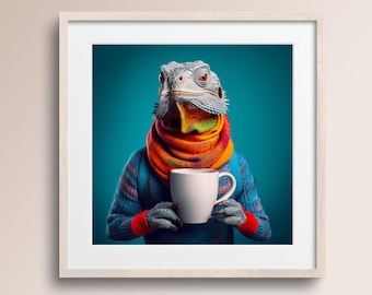 Iguana Lizard with Coffee Mug • Iguana Art Print • Nursery Wall Art • Iguana Lover Gift • Printable Digital Download