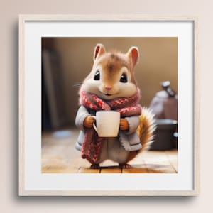 Squirrel with Coffee Mug and Scarf • Squirrel Art Print • Chestnut • Animal Art Poster • Squirrel Lover Gift • Printable Digital Download