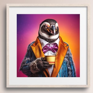 Adorable Penguin with Coffee Mug and Suit • Penguin Art Print • Frederico • Animal Art Poster • Kitchen Decor • Printable Digital Download