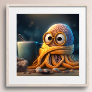 Adorabile polpo con tazza da caffè e bicchieri • Stampa artistica di polpo • Simon • Arte murale per la cameretta dei bambini • Amante del polpo • Download digitale stampabile