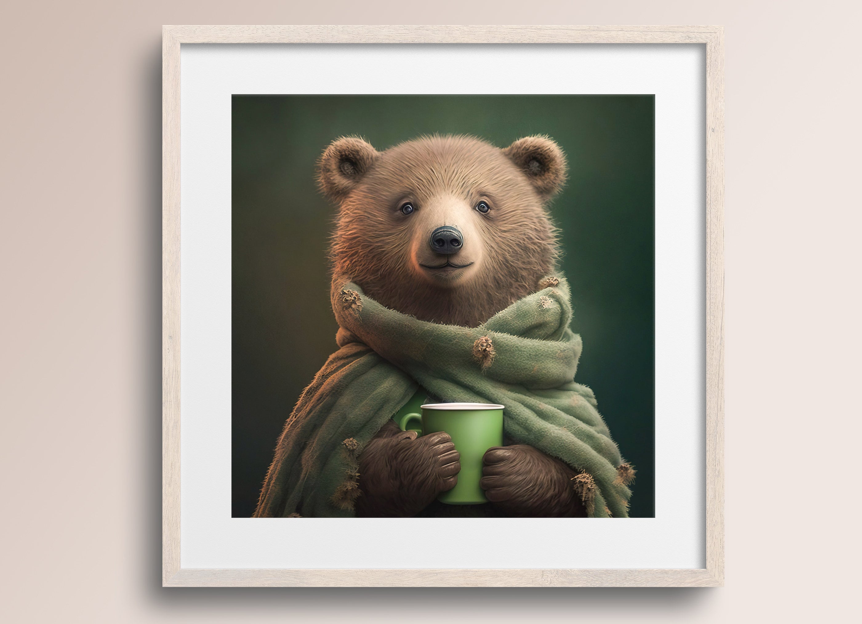 Gorgeous Brown Bear with Coffee Mug and Scarf • Bear Art Print • Maggie • Animal Art Poster • Bear Lover Gift • Printable Digital Download