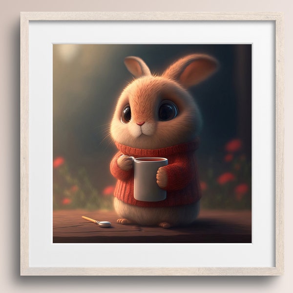 Bunny Rabbit with Coffee Mug and Red Sweater • Bunny Art Print • Nursery Wall Art • Bunny Lover Gift • Printable Digital Download
