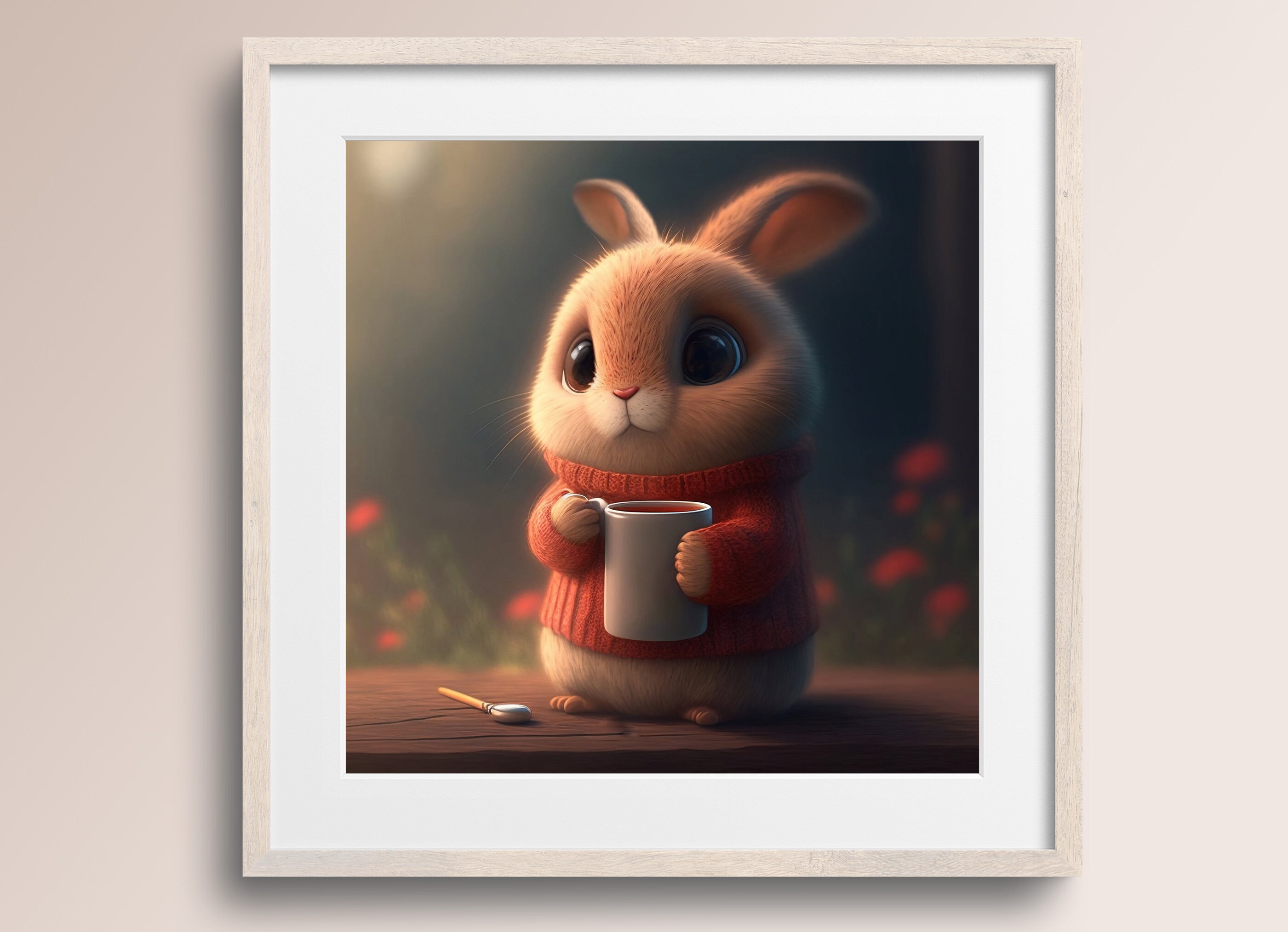 Bunny Rabbit With Coffee Mug and Red Sweater Bunny Art Print - Etsy
