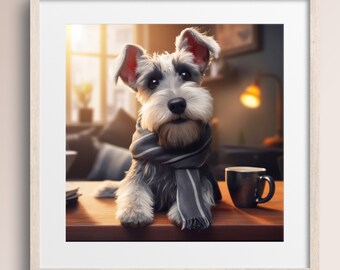 Schnauzer Puppy Art Print • Smokey Dog with Coffee (Digital Download)