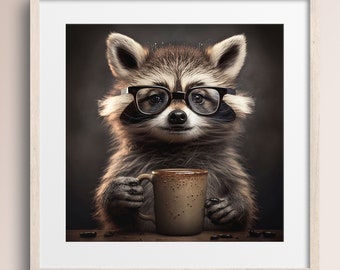 Raccoon wearing Glasses with Coffee Mug • Animal Art Print • Jeffrey • Nursery Wall Art • Raccoon Lover Gift • Printable Digital Download