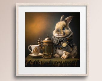 Lámina de conejito steampunk • Regalo para amantes del café (descarga digital)