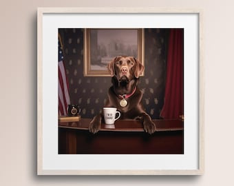 Precioso laboratorio de chocolate Presidente con taza de café • Impresión de arte para perros • Prez • Póster de arte animal • Regalo para amantes de los perros • Descarga digital imprimible