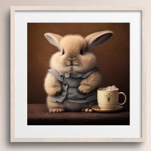 Bunny Rabbit with Coffee Mug and Apron • Bunny Art Print • Nursery Wall Art • Bunny Lover Gift • Printable Digital Download