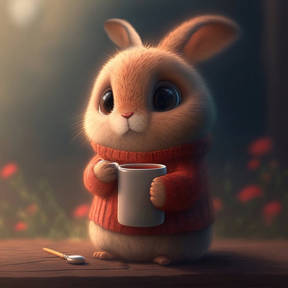 Bunny Rabbit With Coffee Mug and Red Sweater Bunny Art Print - Etsy