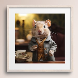 Adorable Victorian Mouse with Coffee Cup • Mouse Art Print • Tuppence • Animal Art Poster • Mouse Lover Gift• Printable Digital Download