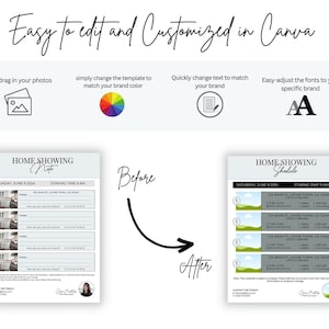 May include: A before and after image showing how to customize a home showing schedule template in Canva. The before image shows a simple schedule with a list of times and addresses. The after image shows a more visually appealing schedule with a background of green hills and a more modern font.