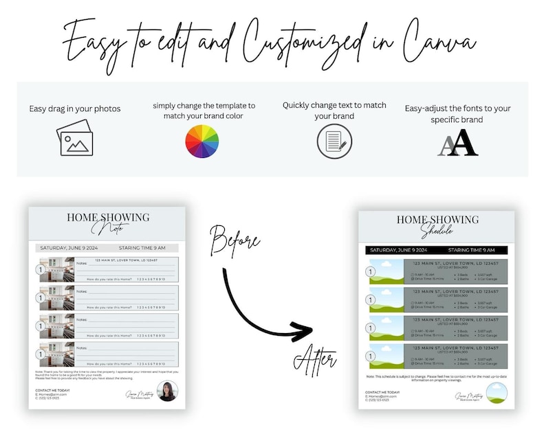 May include: A before and after image showing how to customize a home showing schedule template in Canva. The before image shows a simple schedule with a list of times and addresses. The after image shows a more visually appealing schedule with a background of green hills and a more modern font.