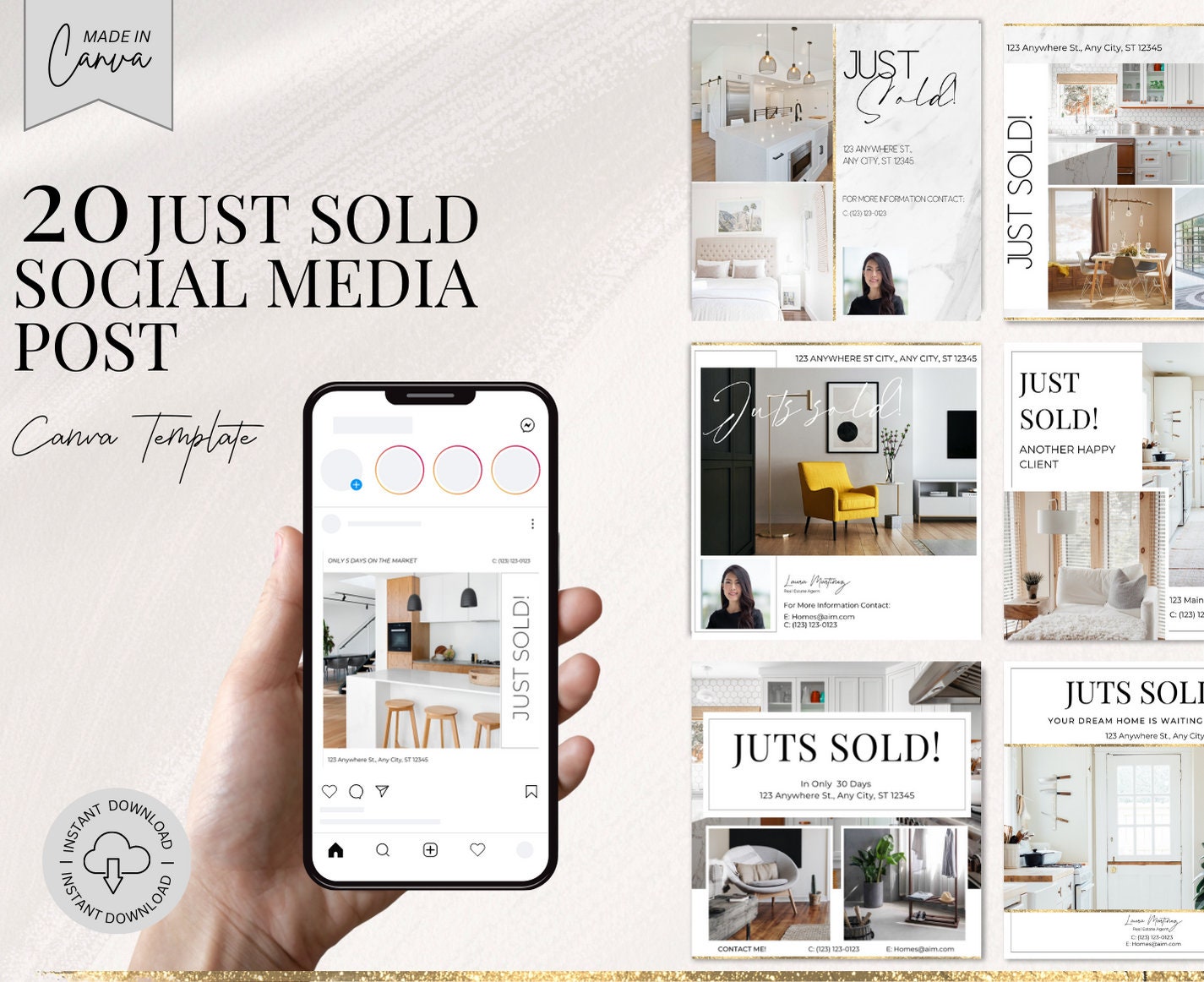 Just Sold House Social Media Posts Package for Realtor Instagram Canva ...