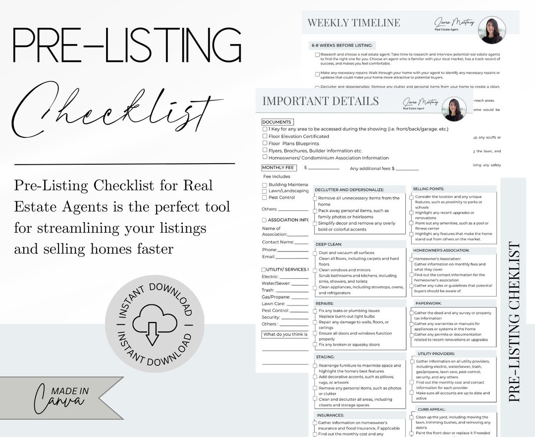 Pre-listing Checklist Package for Real Estate Agents Edit in Canva, Templates for Buyers and ...