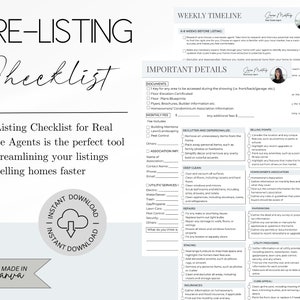 May include: A pre-listing checklist for real estate agents. The checklist is divided into sections with headings such as "Documents", "Monthly Fees", "Declutter and Depersonalize", "Deep Clean", "Utility Services", "Staging", "Insurance", "Selling Points", "Homeowner's Association", "Paperwork", "Utility Providers", and "Curb Appeal".