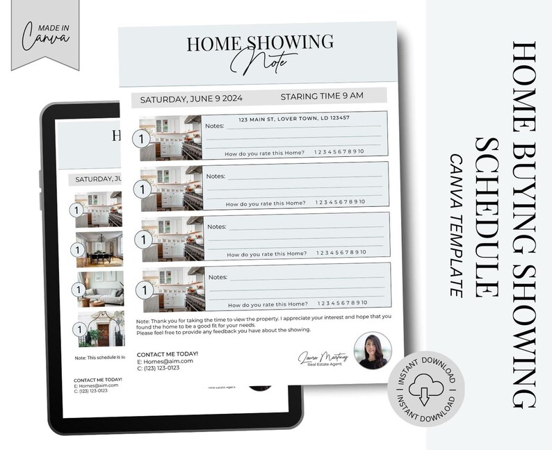 May include: A printable home buying showing schedule template with a light blue background. The template includes a section for the date, time, address, and notes. There is also a section for rating the home on a scale of 1 to 10. The template is designed to help real estate agents keep track of their showings.