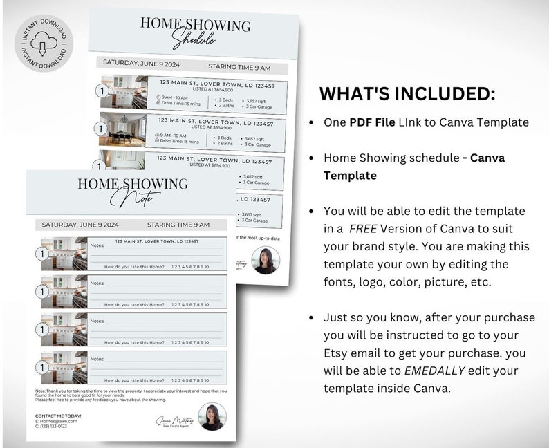 May include: A printable home showing schedule template in Canva. The template is designed for real estate agents to track showings and gather feedback. The template includes a section for the date, time, address, and notes. The template is also customizable with your own branding.