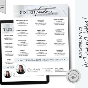 Trusted Vendors Real Estate Flyer Real Estate Vendor Referral List  Editable in Canva Just Listed Flyer Preferred Vendors Realtor Branding