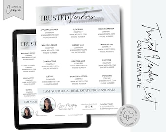 May include: A white and gray printable template for a trusted vendor list. The template includes a list of common home services, such as appliance repair, carpet cleaning, and landscaping. The template also includes a section for the real estate agent's contact information and a call to action to download the template.