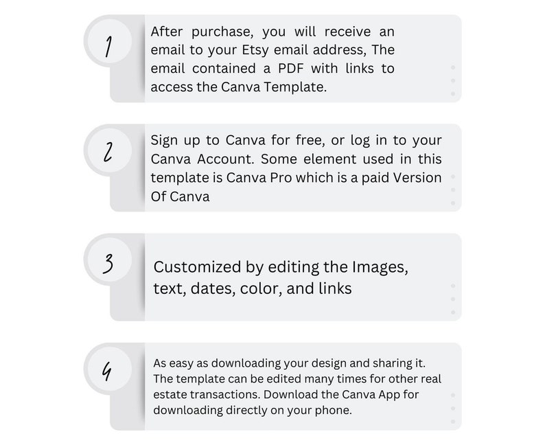 May include: A four-step guide to using a Canva template. After purchase, you will receive an email with a PDF containing links to access the Canva template. Step 2: Sign up for Canva for free or log in to your Canva account. Step 3: Customize the template by editing the images, text, dates, color, and links. Step 4: Download the Canva app to download and share your design.