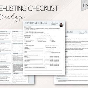 May include: A pre-listing checklist for real estate agents. The checklist includes sections for decluttering and depersonalizing, selling points, deep cleaning, repairs, staging, insurance, curb appeal, and utilities. The checklist also includes a timeline for the listing process.