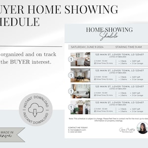 May include: A home showing schedule for Saturday, June 9, 2024, with a starting time of 9 AM. The schedule lists four properties, each with a photo, address, price, and details about the number of bedrooms, bathrooms, square footage, and garage size. The schedule also includes a note that it is subject to change and provides contact information for the real estate agent.