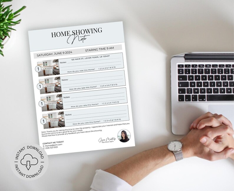 May include: A printable home showing note with a white background and black text. The note includes a section for the date, time, and address of the showing. There is also a section for the viewer to rate the home and leave notes. The note includes a photo of the home being shown.