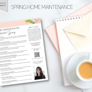 May include: A pink and white checklist for spring home maintenance with a checklist of tasks to complete. The checklist includes items such as cleaning gutters, checking for leaks, and inspecting appliances. The checklist also includes a contact section with a phone number and website address. The checklist is titled "Home Maintenances Checklist Spring".